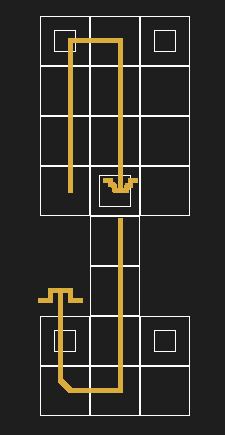 Image showing the direction of movement of the game, starting from the outside and going up, then down the middle path and eventually outside again to the exit.